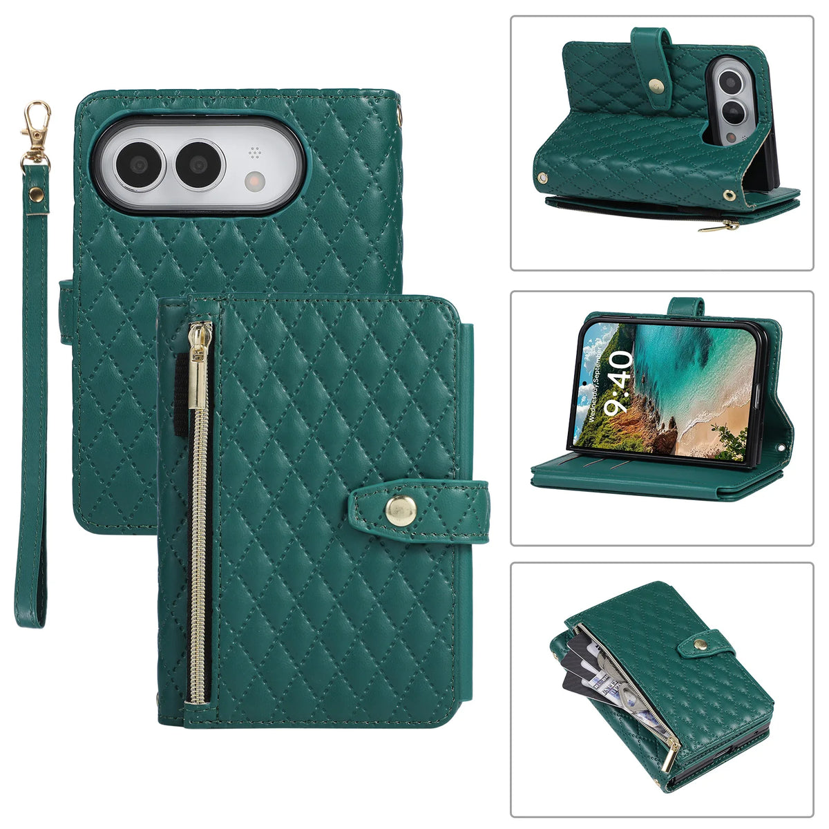 Green Quilted Crossbody Wallet Case for iPhone Duo