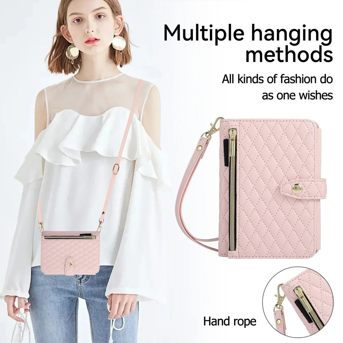 Light Pink Quilted Crossbody Wallet Case for iPhone Duo