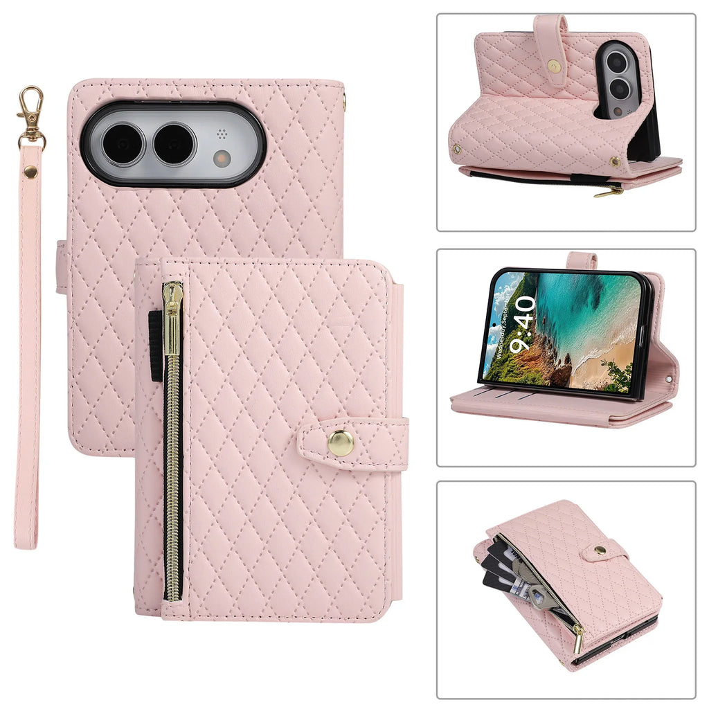 Light Pink Quilted Crossbody Wallet Case for iPhone Duo