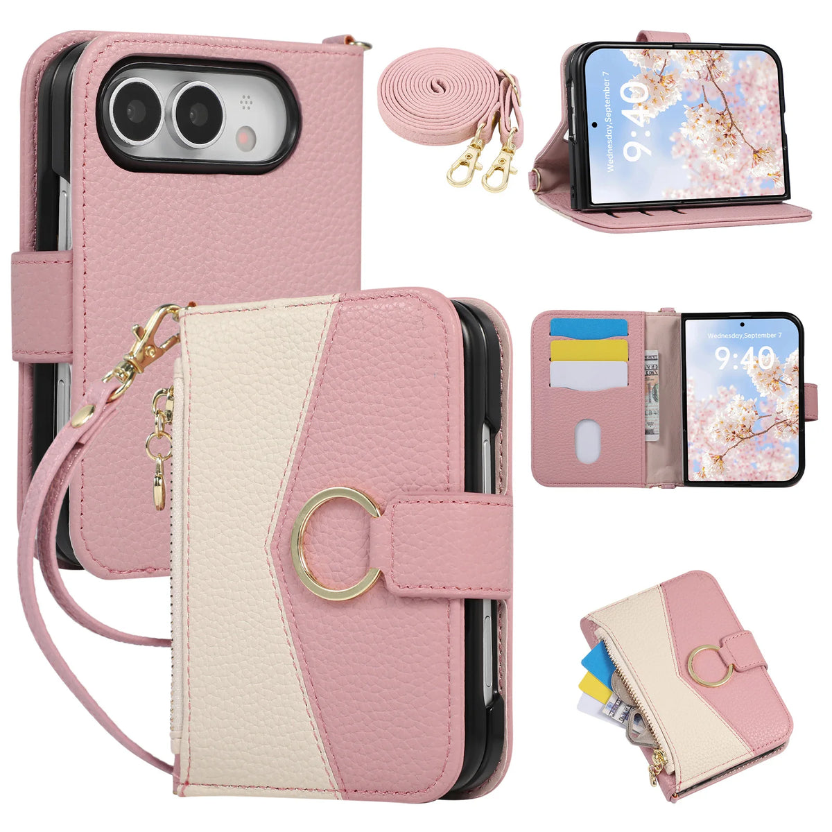 Pink Crossbody Wallet Case for iPhone Duo