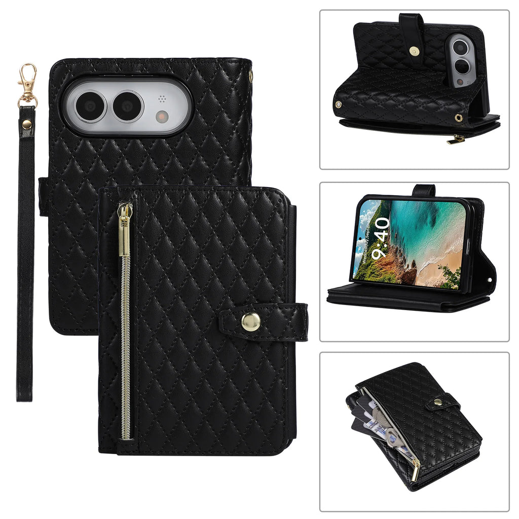 Black Quilted Crossbody Wallet Case for iPhone Duo
