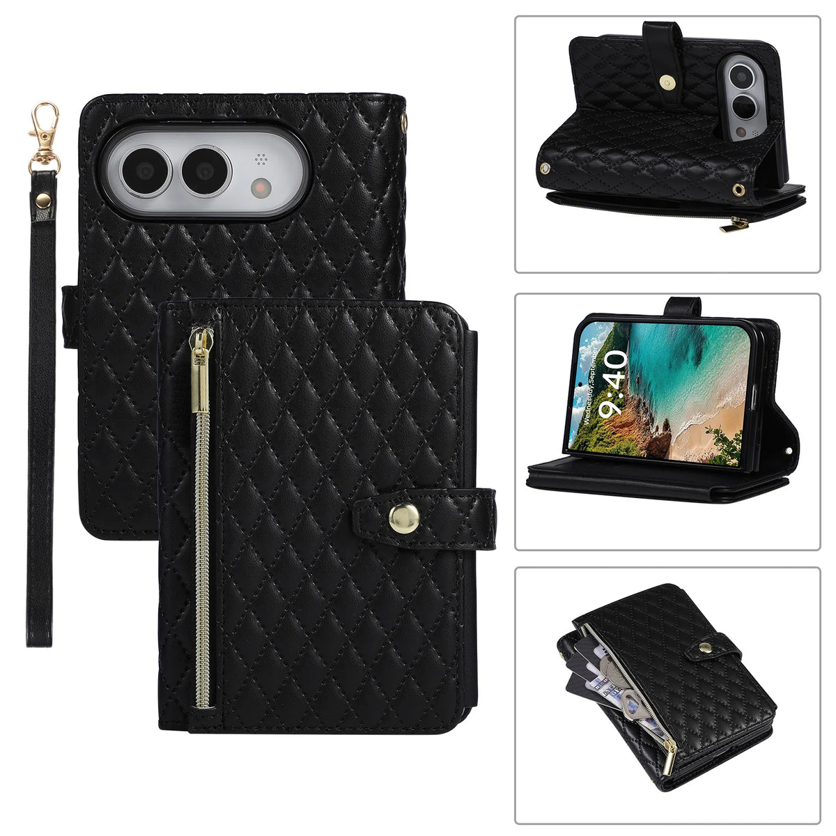 Black Quilted Crossbody Wallet Case for iPhone Duo
