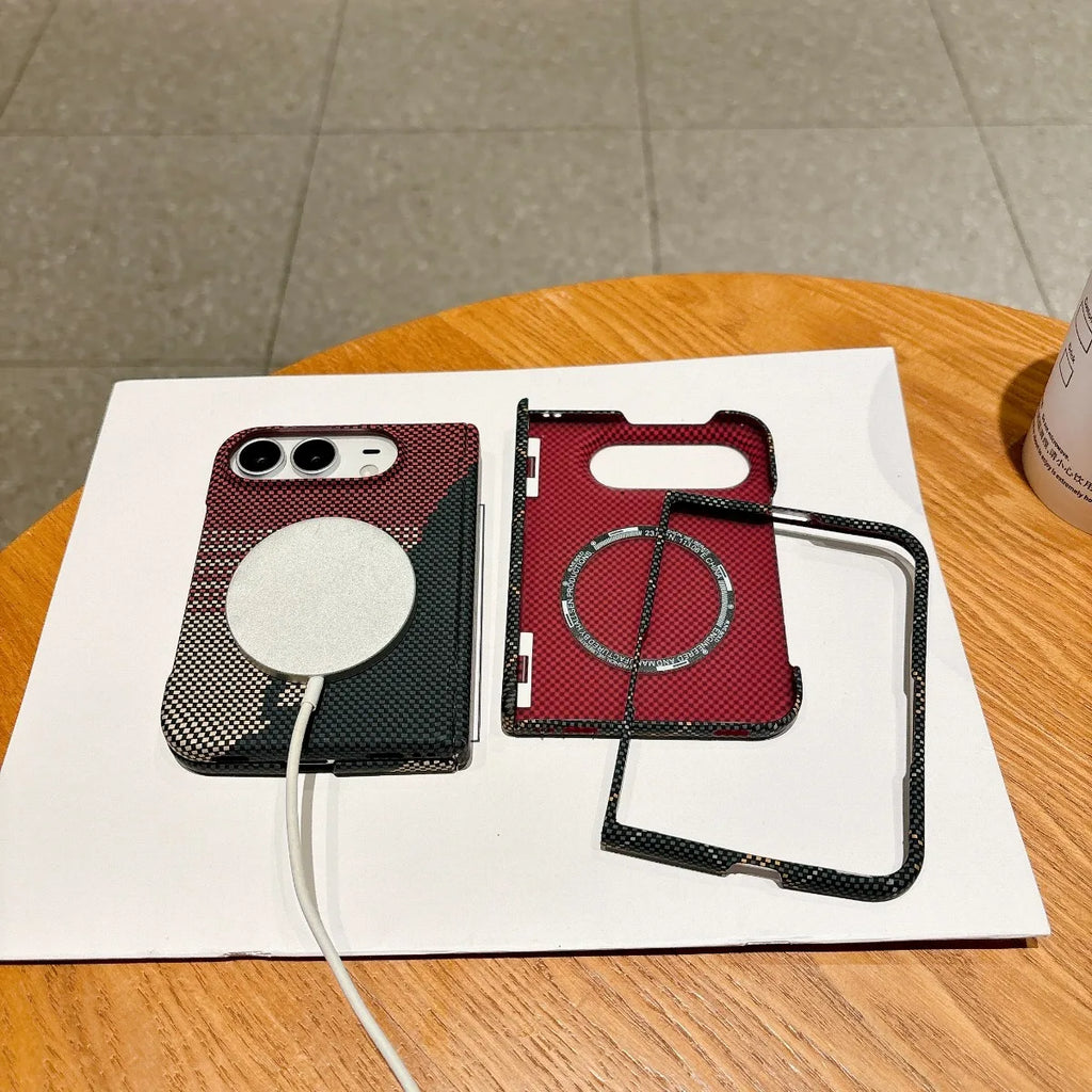 Red Carbon Fiber MagSafe Hinge Protection Case for iPhone Duo