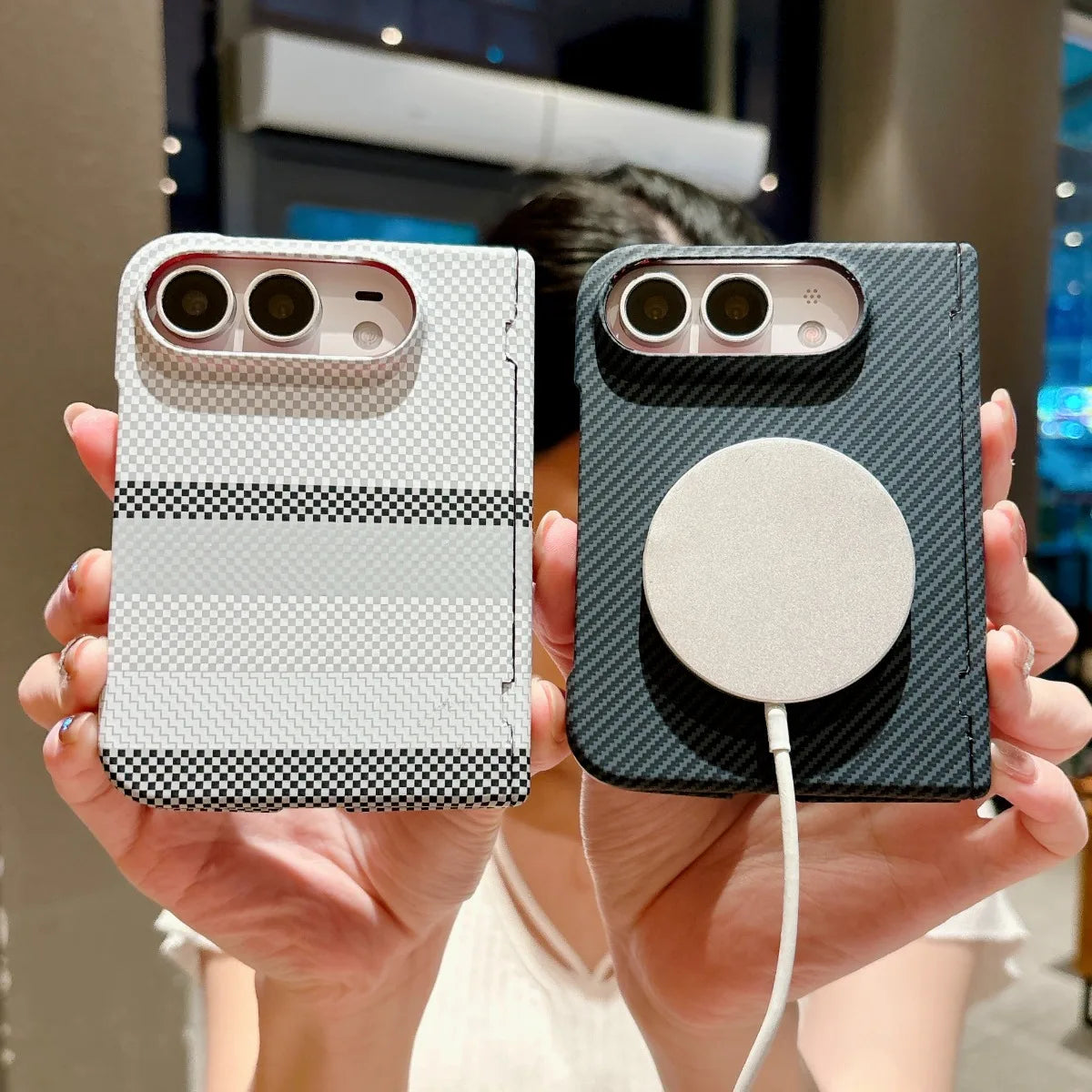White Carbon Fiber MagSafe Hinge Protection Case for iPhone Duo