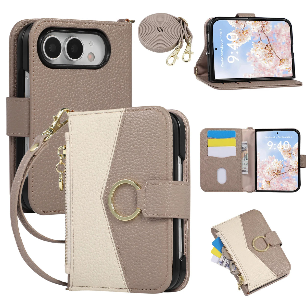 Coffee Crossbody Wallet Case for iPhone Duo