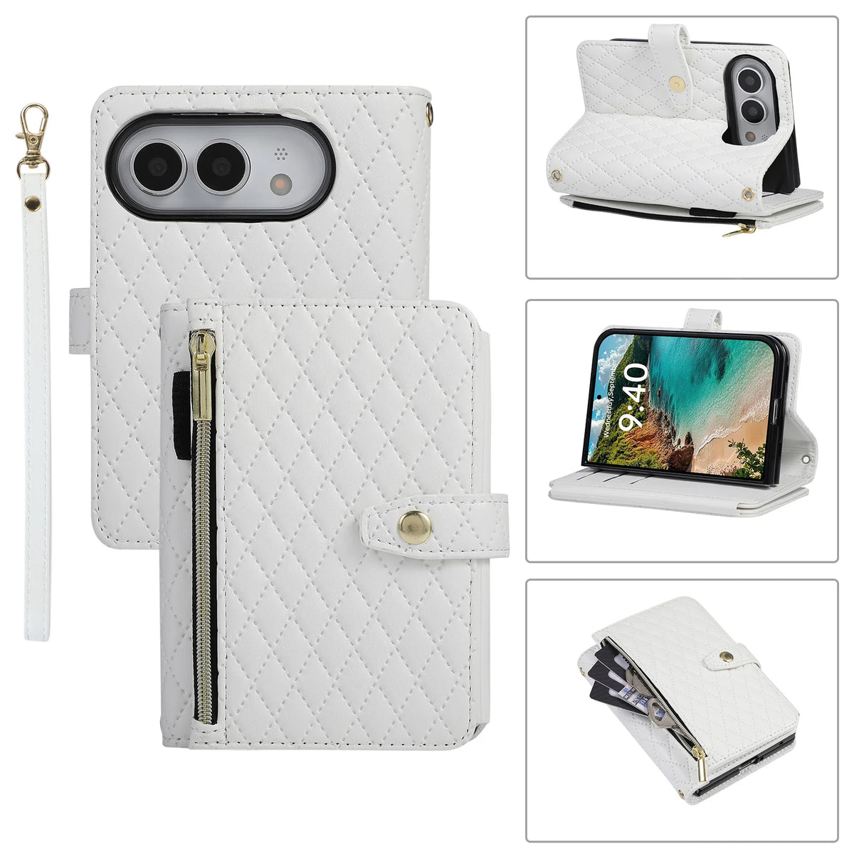 White Quilted Crossbody Wallet Case for iPhone Duo